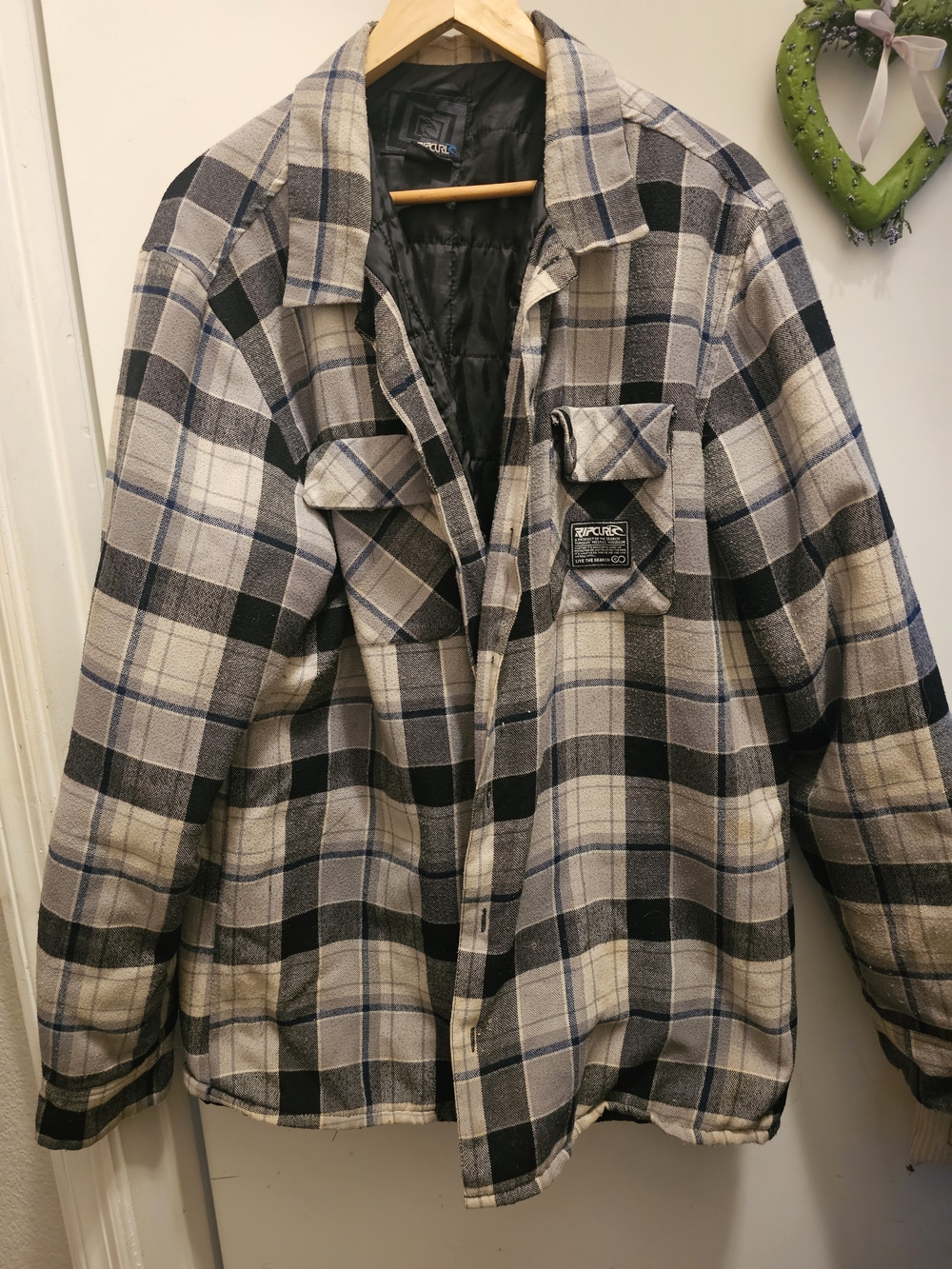 Rip Curl Gibbs Heavy Flannel Shirt Jacket Plaid Gray Black White Men's Size LG